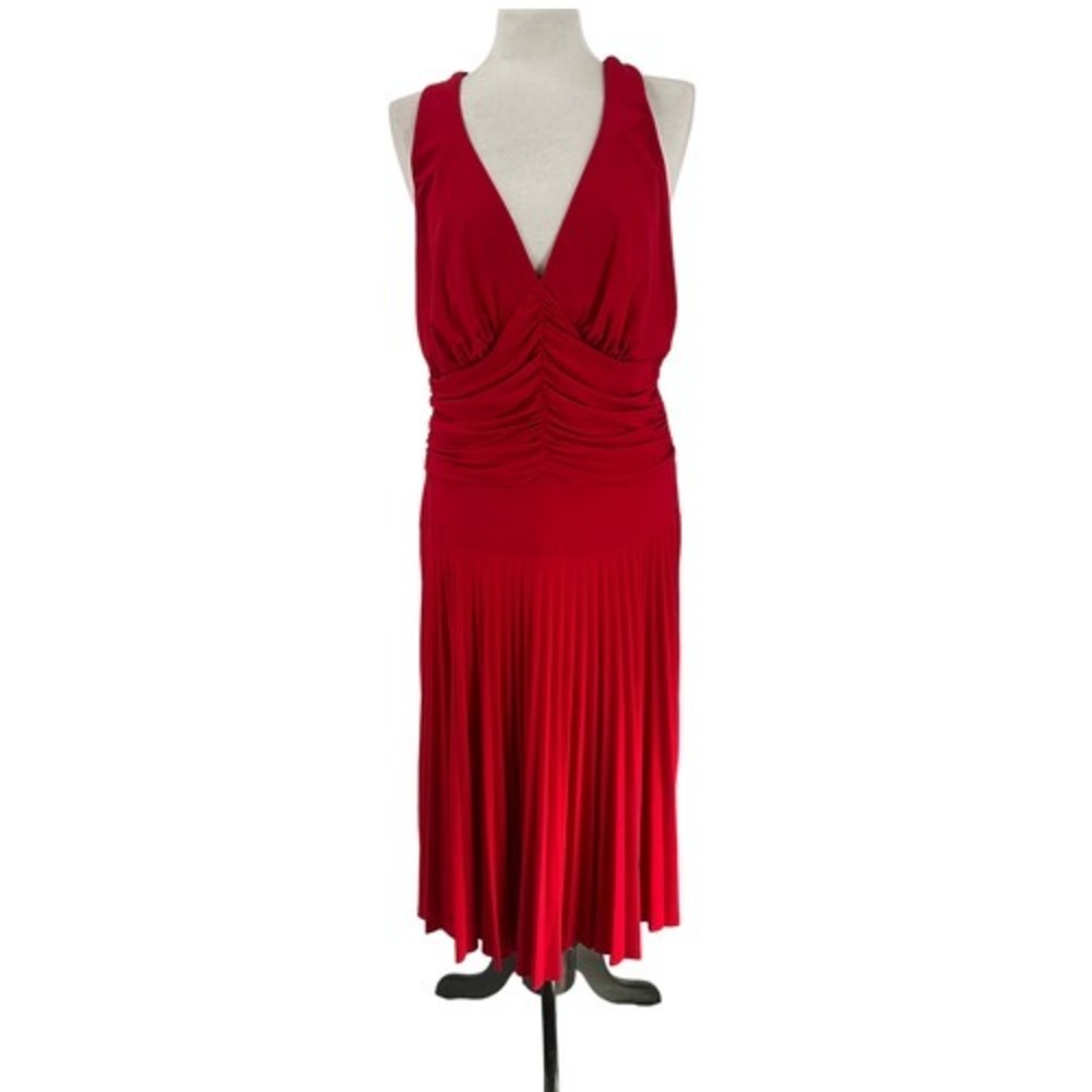 NWT Ashley Stewart Women's Red ITY V Neck Halter Pleated Cocktail Dress Medium‎